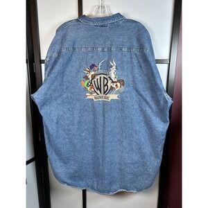 VTG WARNER BROS 2000 LOONEY TUNES BLUE DENIM BUTTON DOWN SHIRT MENS 3XL